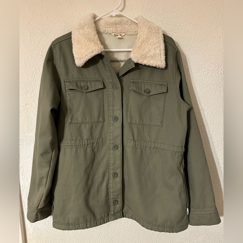 Hang Ten Women Utility Jacket Olive 100% Cotton Twill Canvas Fleece Lined Size L